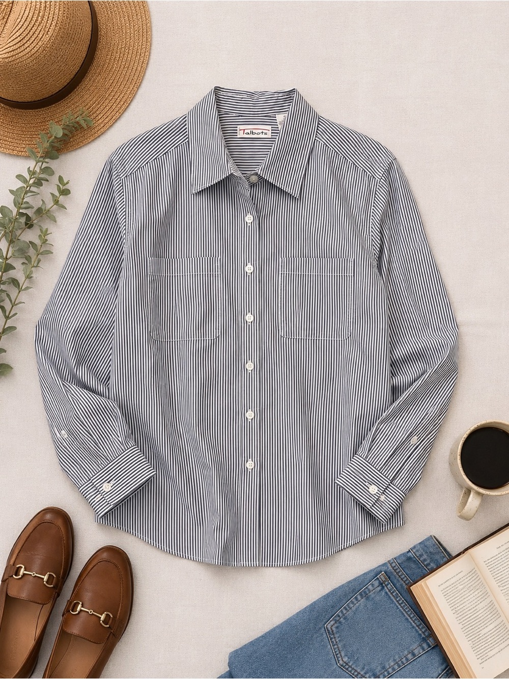 ✨Vintage Talbots Women’s Gray White Striped Button Up Shirt Sz 12 100% Cotton✨